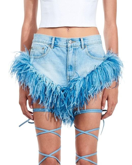 Area Blue Feather Trim Denim Shorts