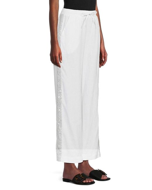 Saks Fifth Avenue White Sequin Trim 100% Linen Pants