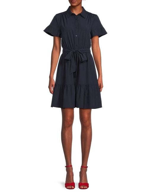 DKNY Blue Solid Belted Shirtdress