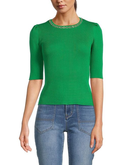 Nanette Lepore Green Chain Ribbed Sweater