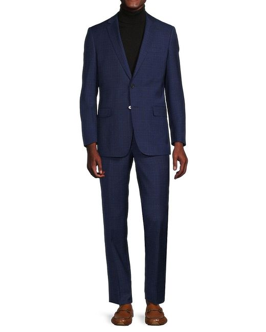Class Roberto Cavalli Blue Slim Fit Plaid Wool Suit for men