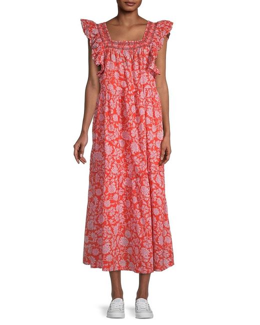 Free People Bonita Floral-print Midi Dress With Ruffle Detail in Red - Lyst