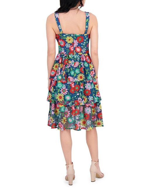 Kensie Blue Floral Embroidery Tiered Fit-&-Flare Midi-Dress