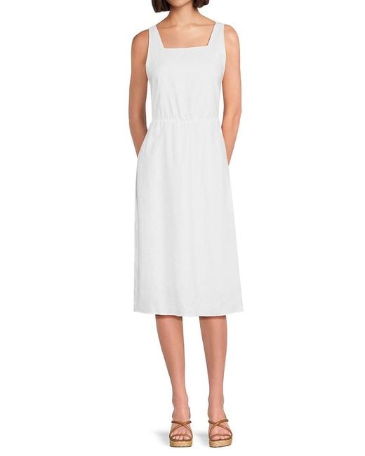 Saks Fifth Avenue White 100% Linen Midi-Dress