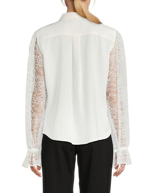 Karl Lagerfeld White Lace-Sleeve Button-Front Top