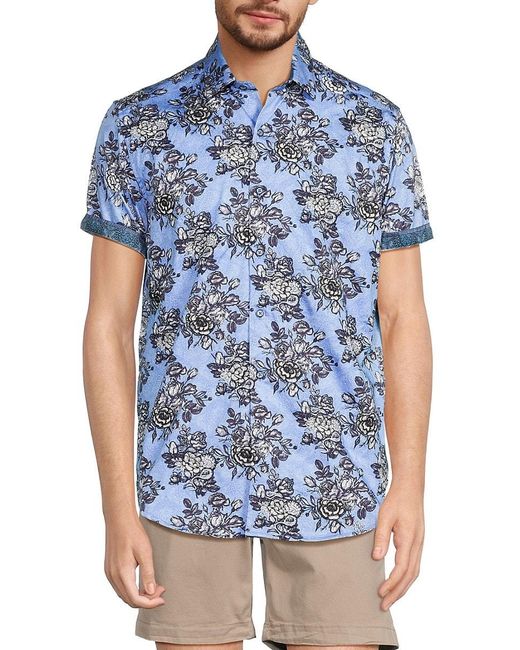 Robert Graham Blue Killian Short Sleeve Floral Button Down Shirt for men