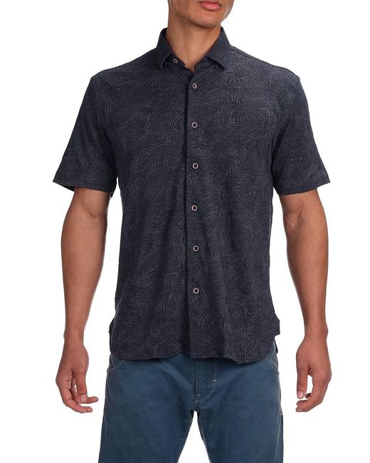 Garnet Blue Short Sleeve Palm Tree Knit Button Down Shirt for men