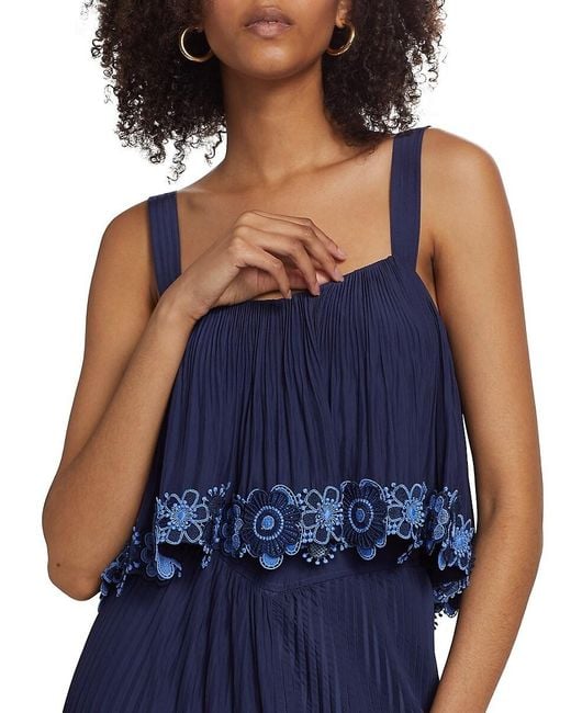 Ramy Brook Blue Elizabeth Pleated Floral Hem Top