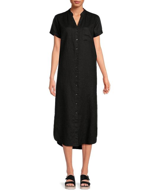 Saks Fifth Avenue Black 100% Linen Midi Shirtdress
