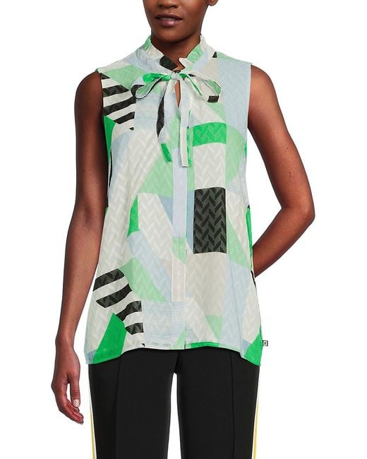 Karl Lagerfeld Green Printed Geometric Pattern Technical Tie-neck Sleeveless Blouse