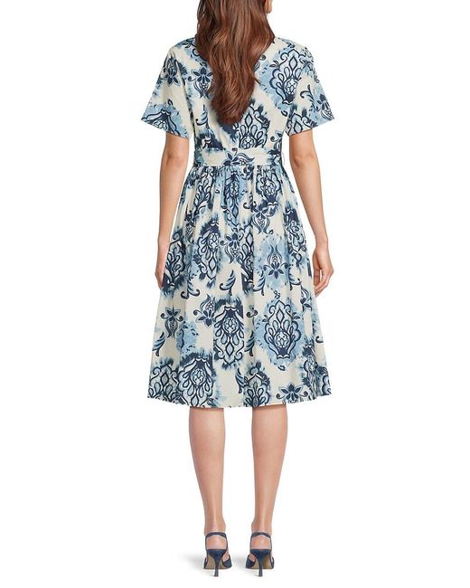 Mikael Aghal Blue Motif Print Belted Knee Length Dress