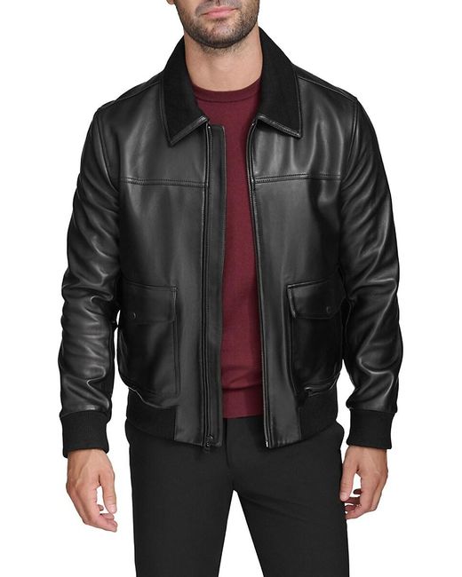 Cole Haan Black Leather Zip-Up Aviator Jacket for men