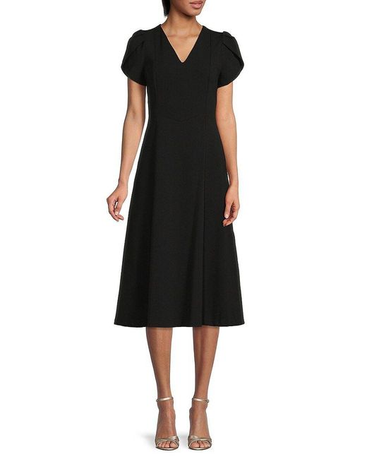 Calvin Klein Puff Sleeve Flare Dress in Black | Lyst