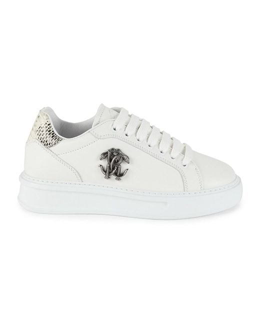 Roberto Cavalli White Snake-Embossed Low Top Leather Sneakers