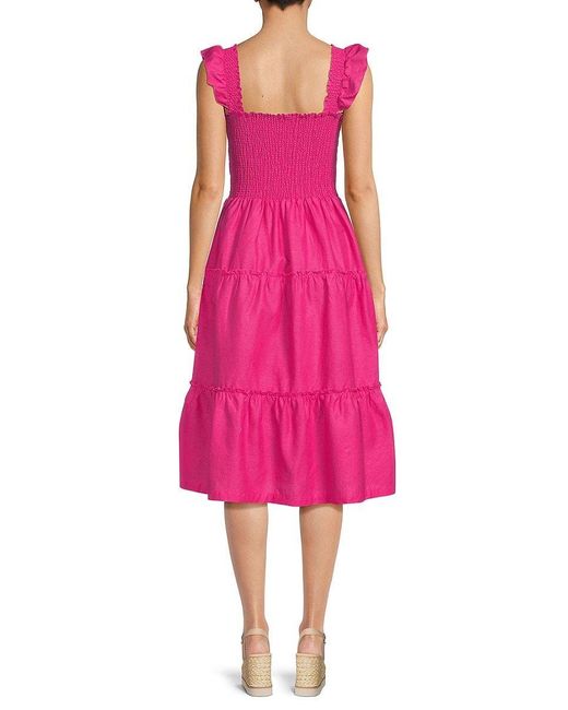 Saks Fifth Avenue Saks Fifth Avenue Smocked Linen Blend Tiered Dress in  Pink | Lyst