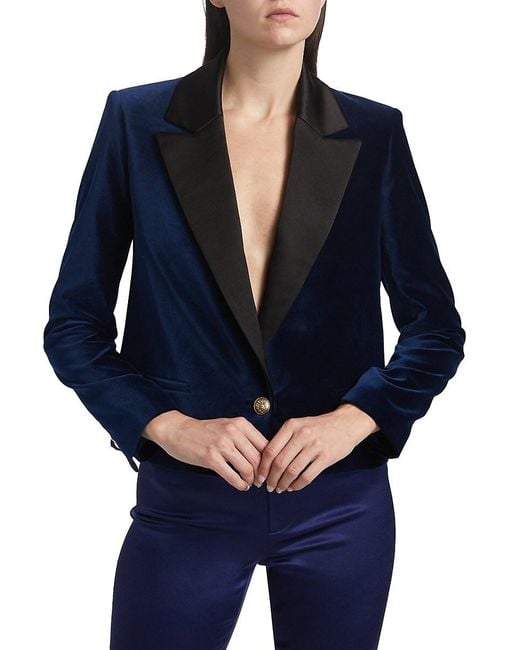 Alice + Olivia Blue Devyn Velvet Short Blazer