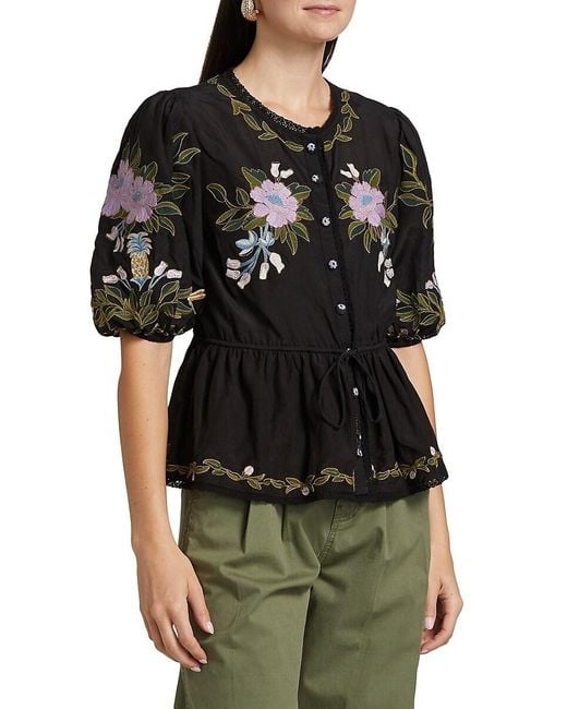 Farm Rio Black Winter Garden Embroidered Top