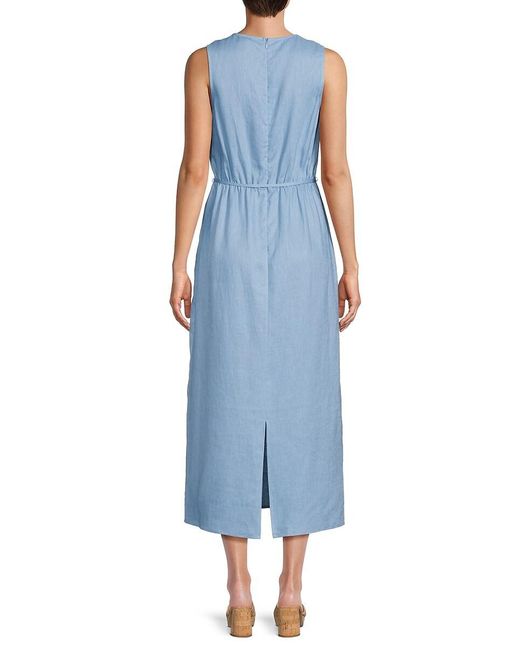 Saks Fifth Avenue White Belted 100% Linen A-Line Midi-Dress