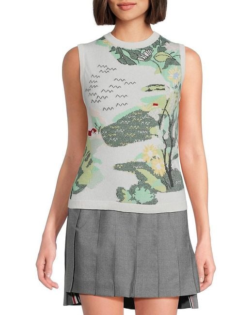 Thom Browne Green Floral Landscape Cashmere Shell Top