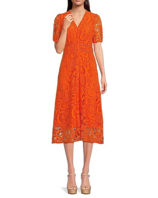 Nanette Lepore Orange Lace Midi Dress