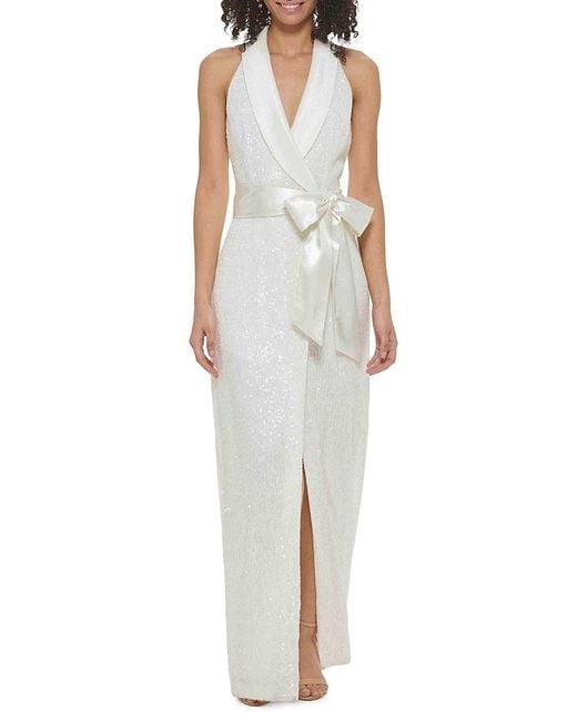 Eliza J White Sequin Shawl Collar Column Gown