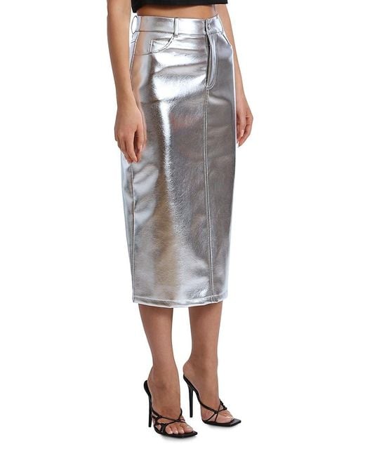 Avec Les Filles Gray Metallic Faux Leather Midi Skirt