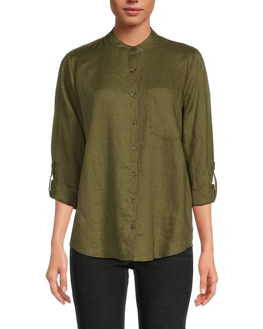 Saks Fifth Avenue Green Band Collar 100% Linen Shirt