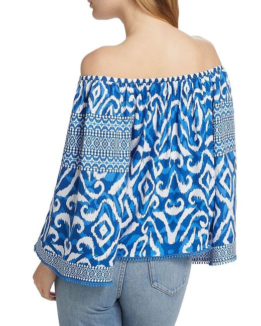 Alice + Olivia Blue Devina Ikat Off-The-Shoulder Blouse