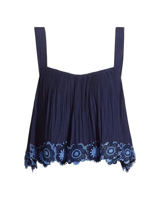 Ramy Brook Blue Elizabeth Pleated Floral Hem Top