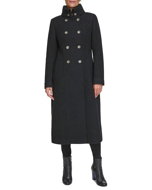 Guess Black Stand Collar Double Breasted Wool Blend Coat