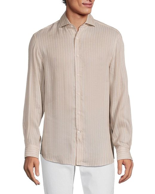Brunello Cucinelli White 'Easy Fit Linen Blend Striped Shirt for men