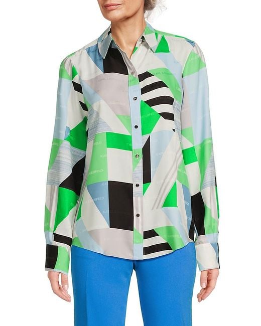 Karl Lagerfeld Green Geometric Patch Print Technical Shirt