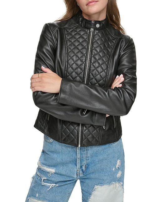 Andrew Marc Black Marlette Quilted Lamb Leather Moto Jacket