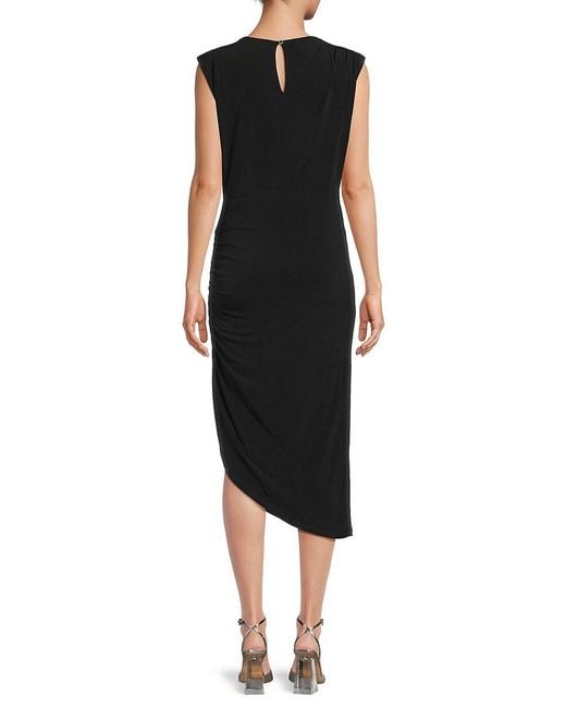 Calvin Klein Black Asymmetric Hem Ruched Midi-Dress