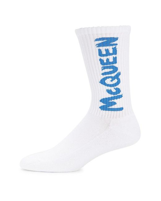 Alexander McQueen Blue Contrast Logo Ribbed Crew Socks for men