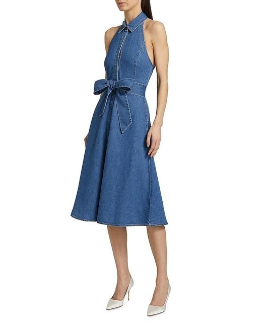 Alice + Olivia Blue Chassidy Chambray Halterneck Midi-Shirtdress