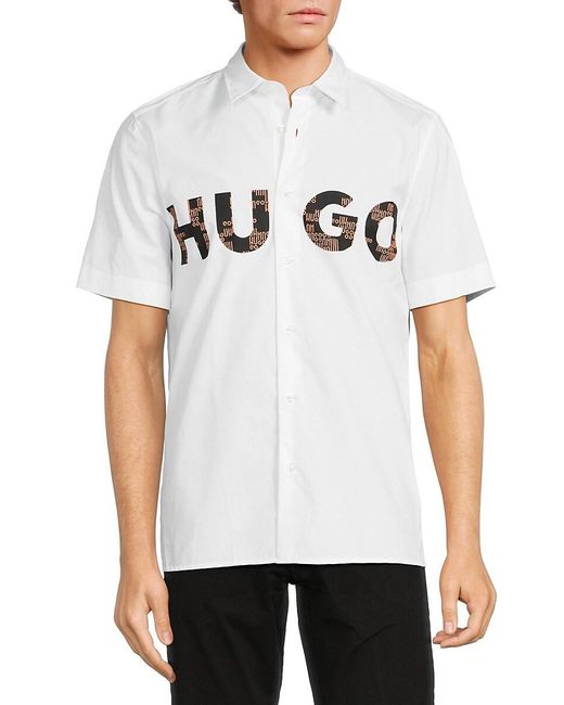 HUGO White Ebor Logo Short Sleeve Shirt for men