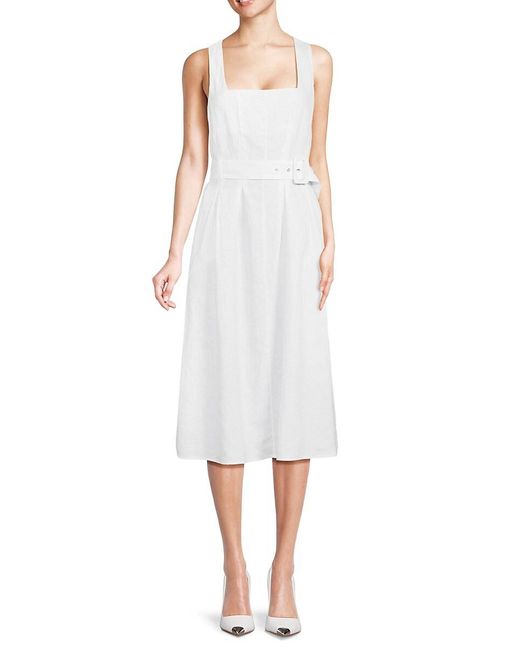 Saks Fifth Avenue White Squareneck Belted 100% Linen Midi Dress