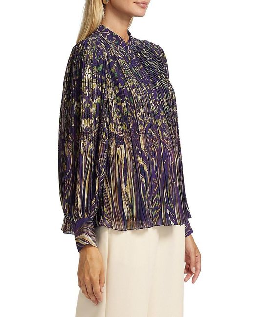 Tahari Black Abbey Pleated Abstract Chiffon Blouse
