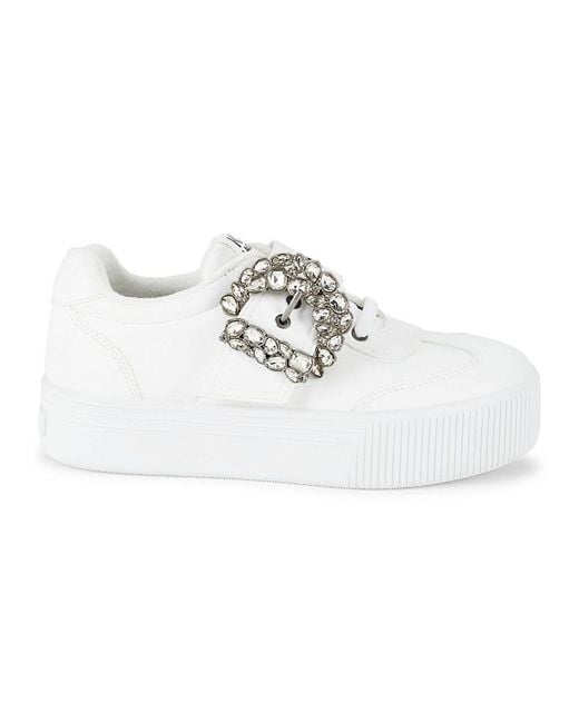 Karl Lagerfeld White Embellished Buckle Platform Sneakers