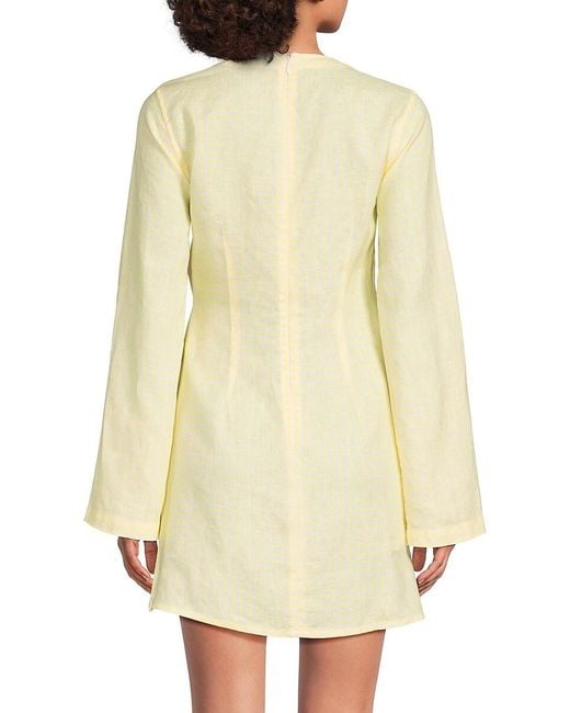 Saks Fifth Avenue Yellow Gingham 100% Linen Wrap Minidress
