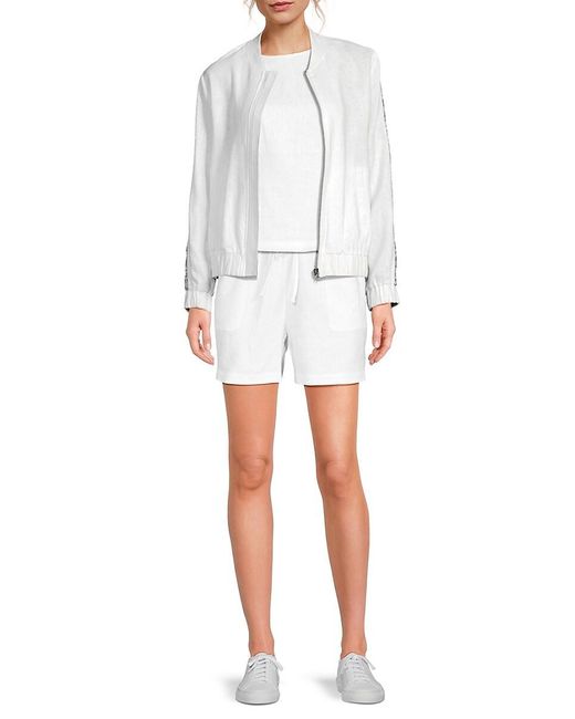 Saks Fifth Avenue White 100% Linen Sequin Stripe Bomber Jacket