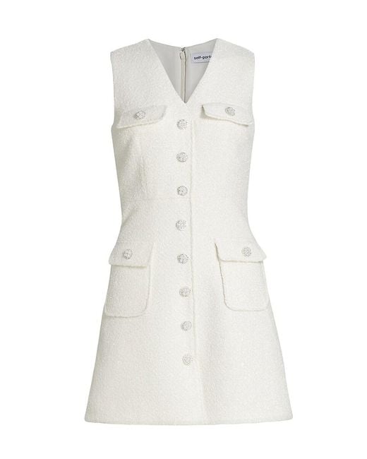 Self-Portrait White Bouclé V-Neck Minidress