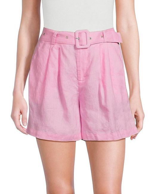 Saks Fifth Avenue Pink High Rise 100% Linen Belted Shorts