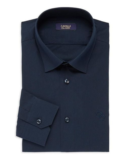 Cavalli Class by Roberto Cavalli Blue Slim Fit Logo Dress Shirt for men