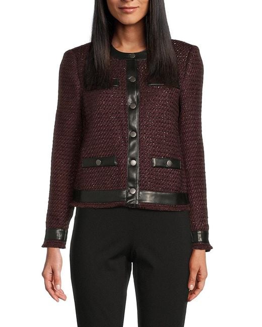 Saks Fifth Avenue Brown Faux Leather-Trim Tweed Jacket