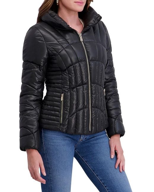 Kensie Blue Cire Quilted Hood Puffer Jacket