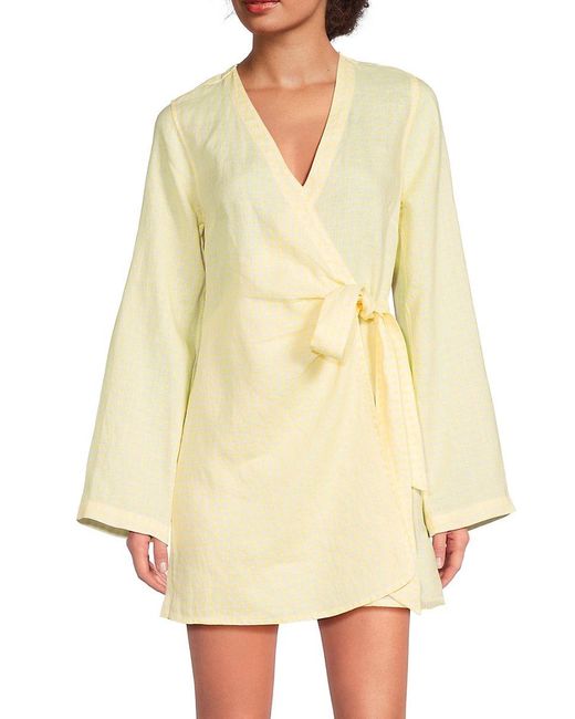 Saks Fifth Avenue Yellow 100% Linen Wrap Minidress