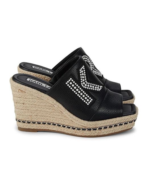 Karl Lagerfeld Cree Leather & Raffia Wedge Mules in Black | Lyst