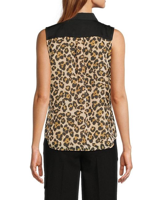 DKNY Black Leopard-Print Sleeveless Button Shirt